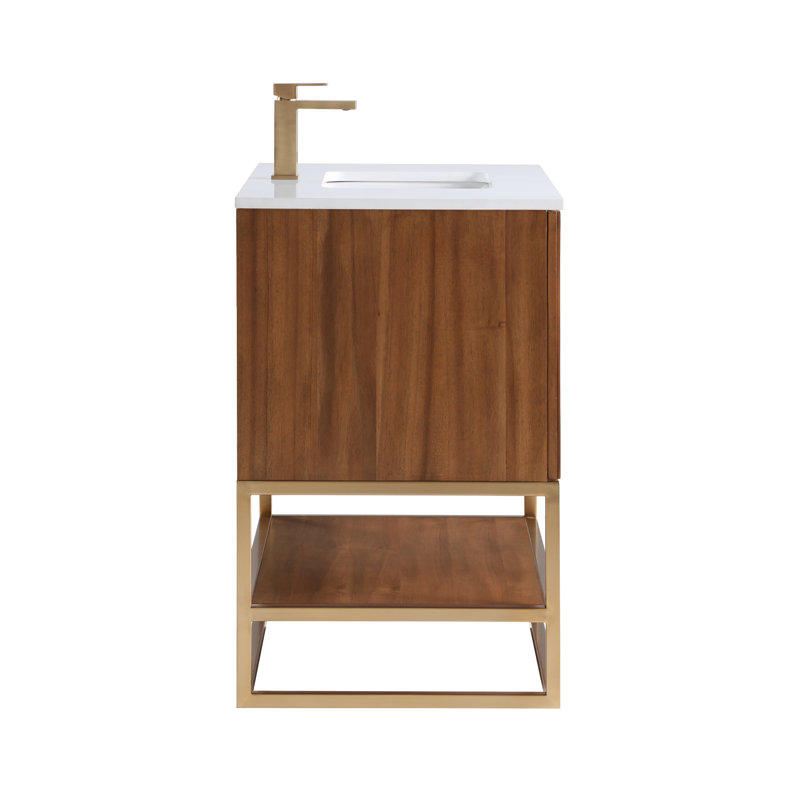 Terra 36'' W Single Vanity, White Quartz/Single Faucet Mount, Walnut, Satin Brass