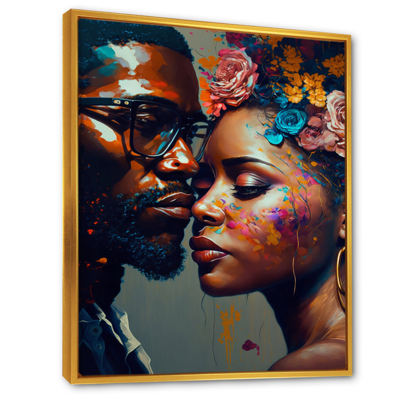 Art sur toile, "Couple amoureux", L 24 po x H 32 po, Cadre flottant doré