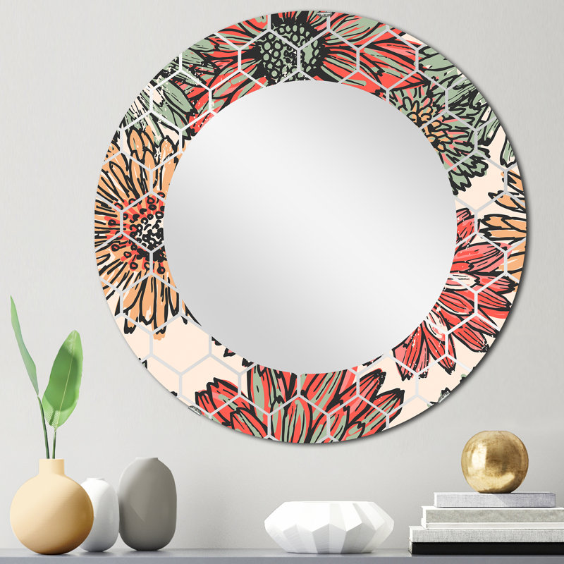 Fleurs rouges rétro - miroir mural traditionnel, 24 po x 24 po