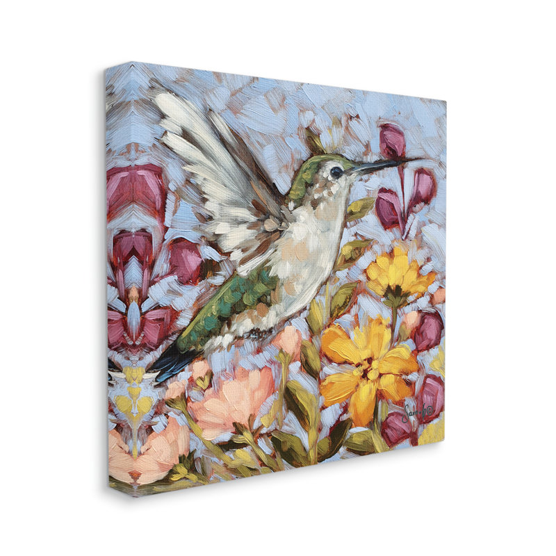 «Hummingbird Spring Garden Flowers» par Sara G. Designs - peinture sur toile tendue, H 17 po x l 17 po x P 1,5 po