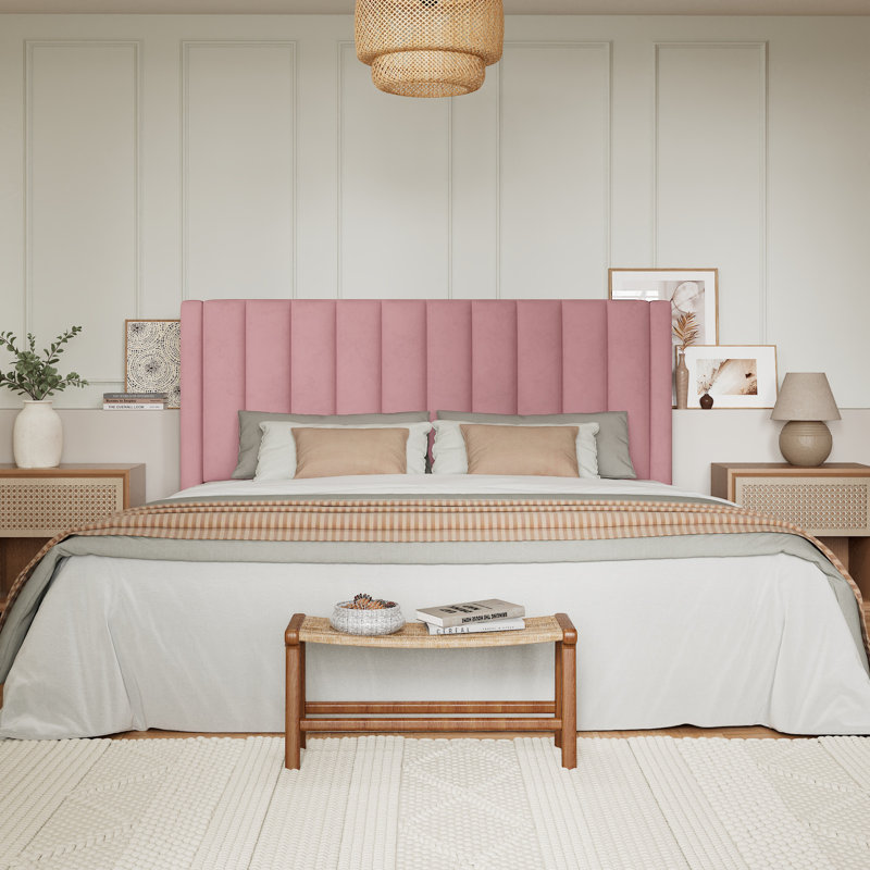 Lit plateforme tapissier en velours avec tête de lit Modern, Très grand, Rose