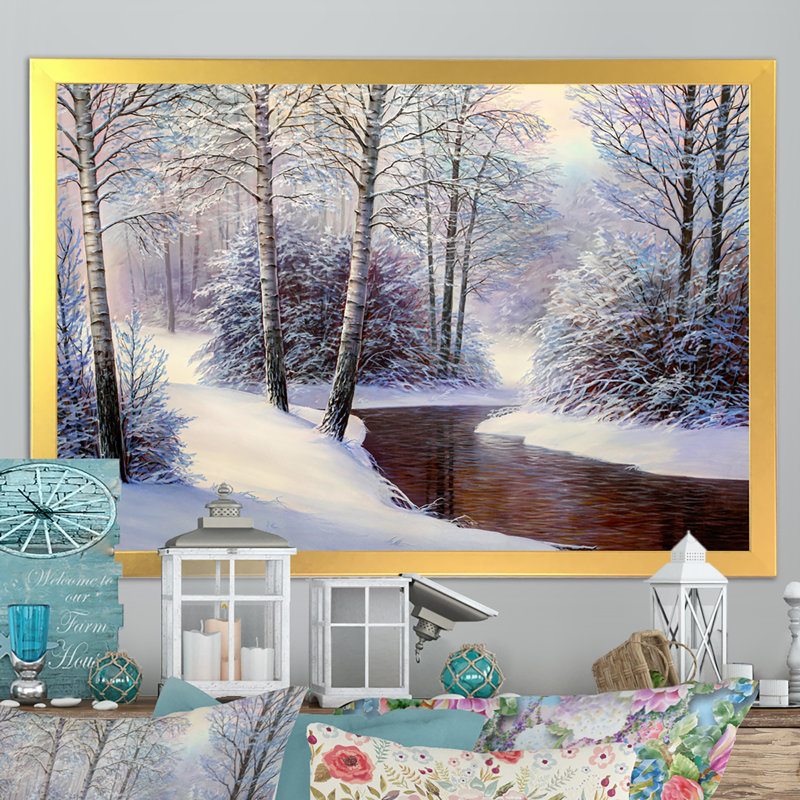 Forêt de Noël avec rivière II - art mural traditionnel sur toile, H 24 po x l 36 po x P 1 po