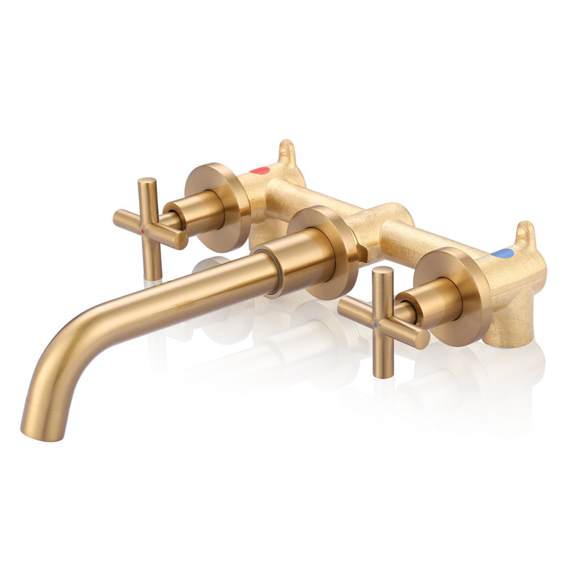 Brushed Gold Double Handle Wall Mounted Bathroom Faucet