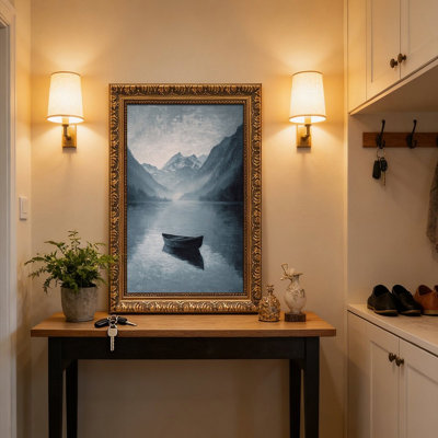Serene Mountain Lake with Lone Boat ReflectionOrnate - cadre mural décoratif doré