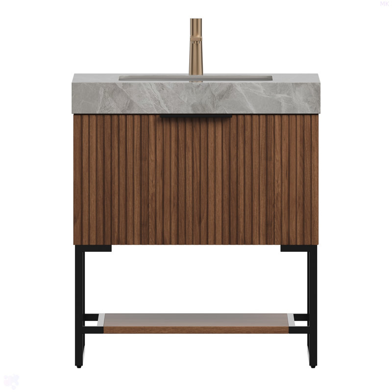 Meuble-lavabo 30 po, armoire de rangement autoportante en contreplaqué rayé avec tiroir et tablette ouverte, plateau en pierre frittée gris clair et lavabo en céramique encastré, pré-assemblé