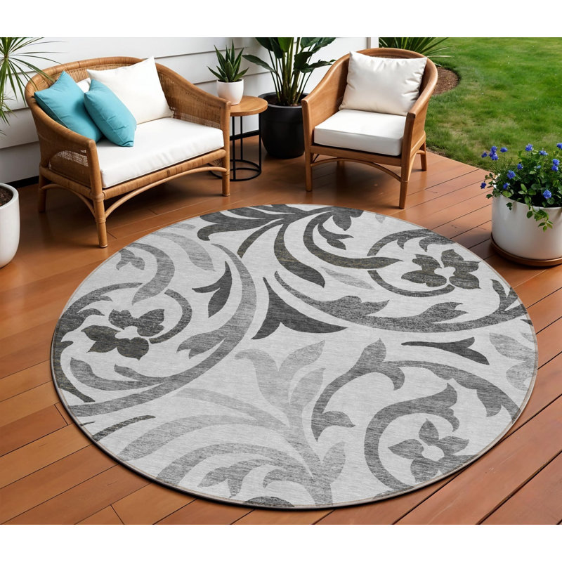 Tapis d'intérieur rond gris anthracite lavable floral 8 pi
