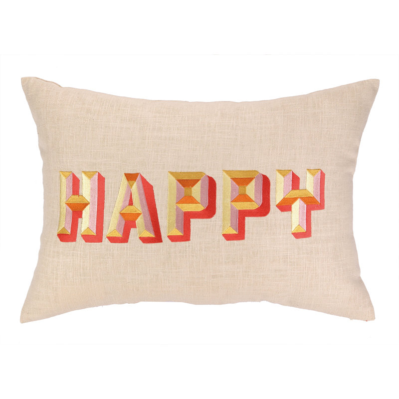 Coussin lombaire en lin brodée happy