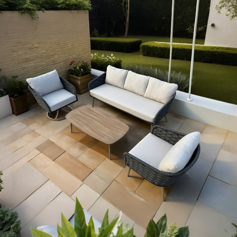 Ensemble de conversation pour patio avec cordes en aluminium tissé brun 4 pièces King, Argent coulé