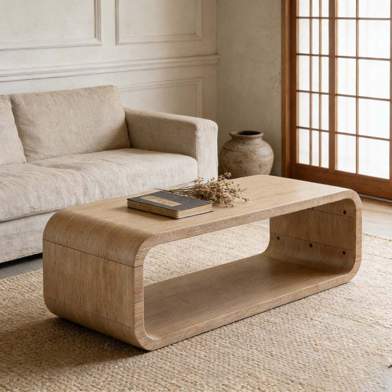 Modern Open-Frame Elegant Curved Light Wood Coffee Table, Light Oak
