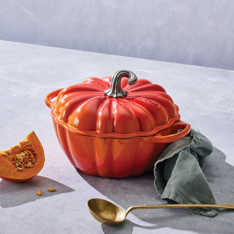 Le Creuset Cast Iron Signature Pumpkin Casserole, Volcanic, stainless steel knob