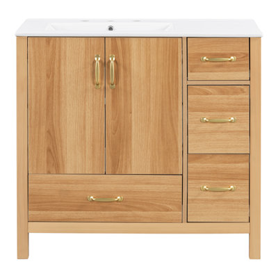 36" Bathroom Vanity Cabinet With Ceramic Top And 4 Drawers