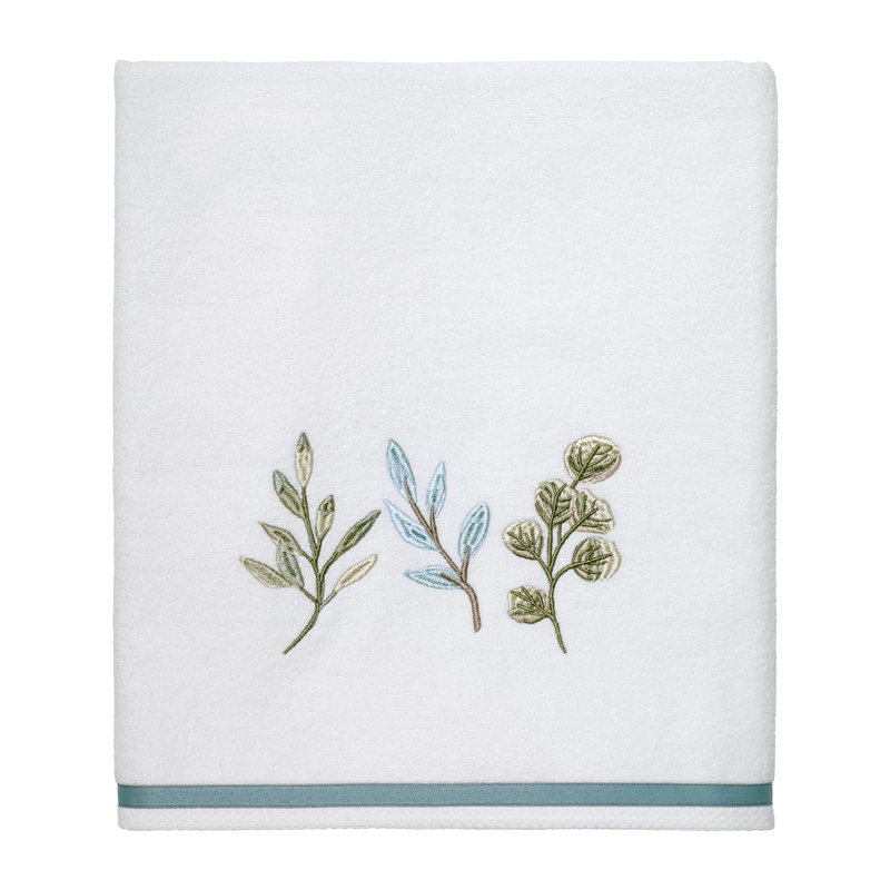 White Cotton Embroidered Bath Towel with Blue Stripe