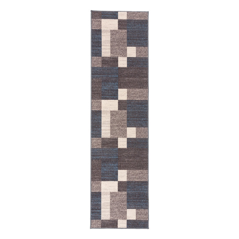 Tapis bleu touffeté à motif géométrique Allyne, Tapis de couloir 2 pi 7 po x 6 pi