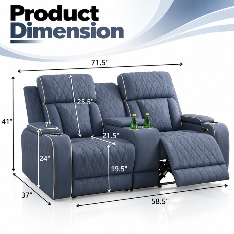 Canapé double inclinable électrique en similicuir haut de gamme, Blue/Gray Faux Leather