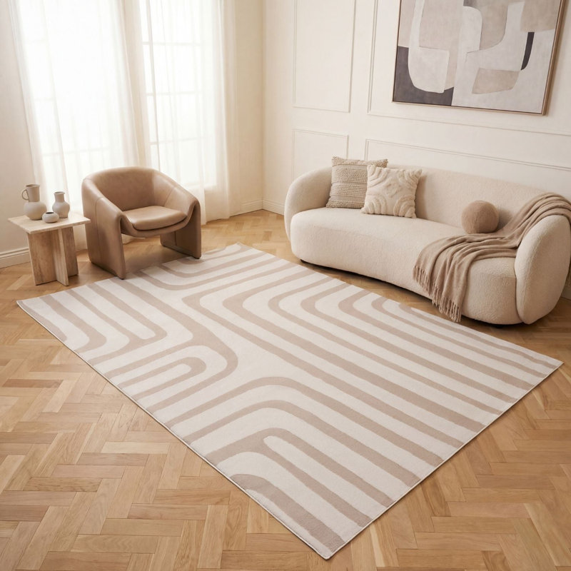 Loft Modern Curved Line Living Room Area Rug and Runner Soft Pile, Runner 80 x 300 cm, Beige/Ivory