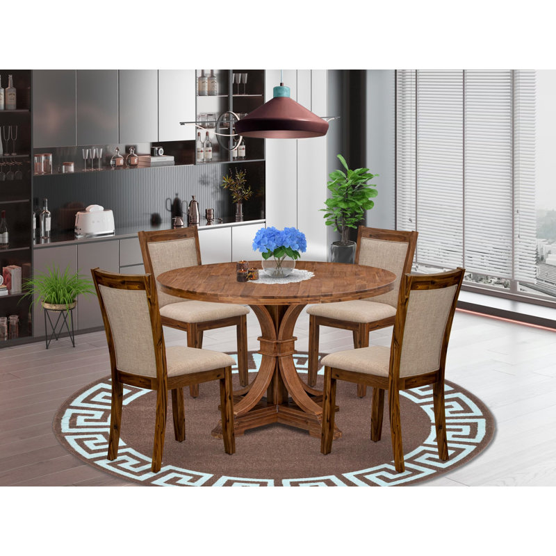 L'ensemble de salle à manger de cuisine 5 pièces comprend une table de salle à manger à piédestal et 4 chaises rembourrées en lin brun clair avec dossier rembourré - finition noyer antique