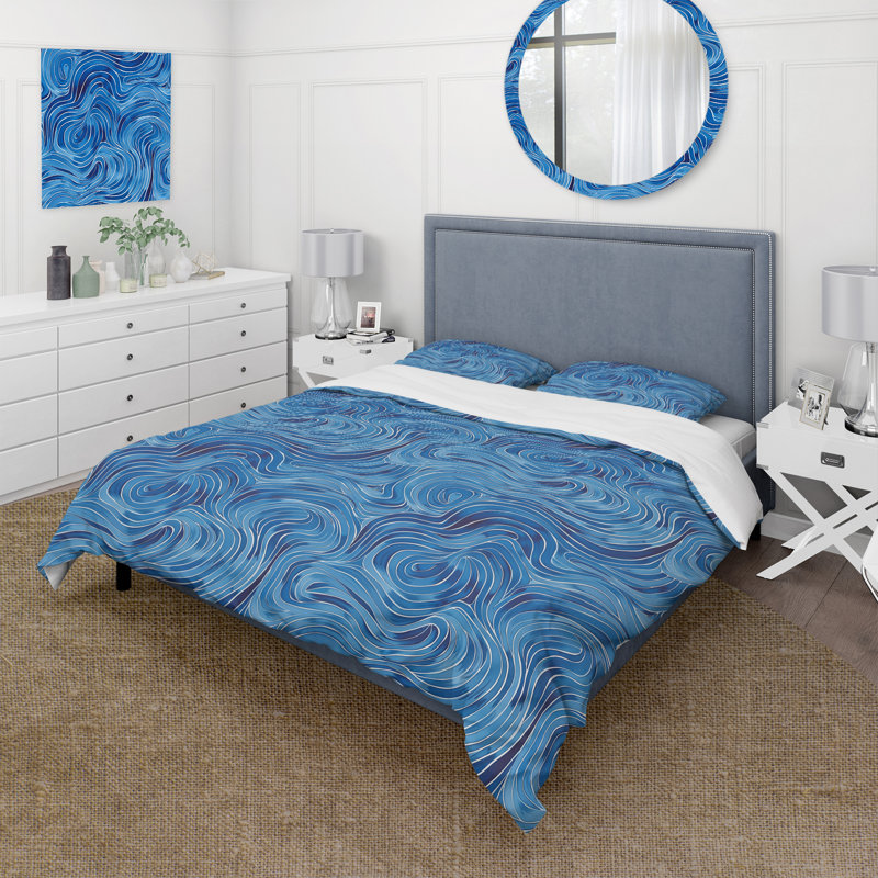 Ensemble de housse de couette bleu Midcentury Waves II - Midcentury, Housse de couette très grand + 2 taies décorativ