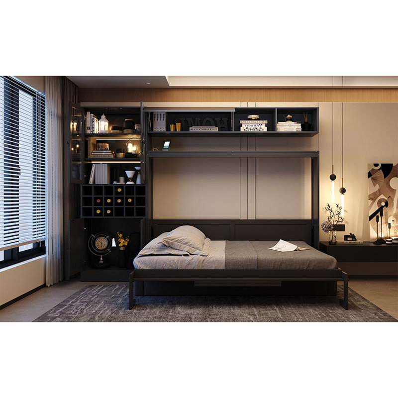Lit escamotable double pleine grandeur avec canapé, tablettes USB et lumière, gris, Gris, Lit double