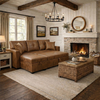 73" Faux Leather Sleeper Sectional with Reversible Chaise and Hidden Storage Seat, Brown