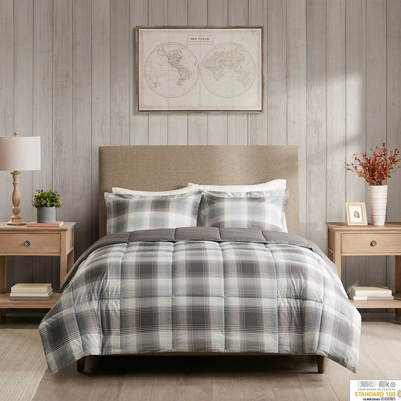 Édredon double / grand double - Tissu écossais gris et 2 taies décoratives assorties
