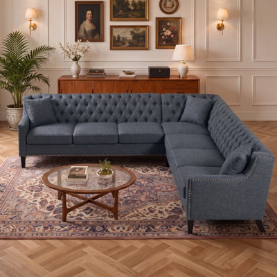 Canapé modulaire surdimensionné de 103,1 po Chesterfield, canapé d'angle 7 places en L avec dossier capitonné et garniture cloutée, canapé de salon Mid-Century moderne, brun