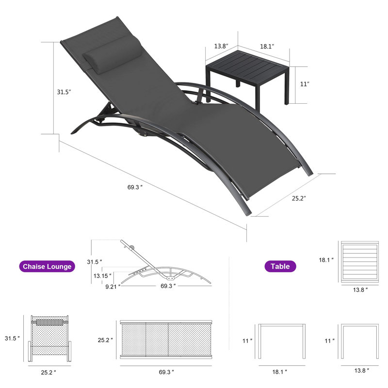 Outdoor Rust-Resistant Metal Chaise Lounge with Table, Black