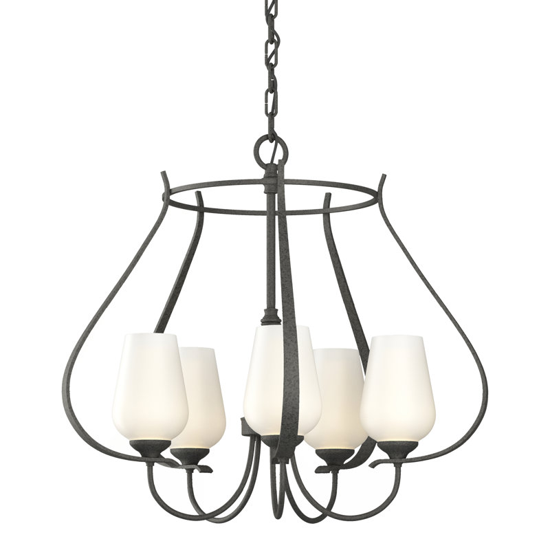Lustre géométrique à 5 lumières Flora, Verre opale, Fer naturel