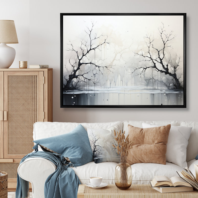 Minimalisme monochrome sérénité rivière sur toile, 30" H x 40" W, Black Picture Framed