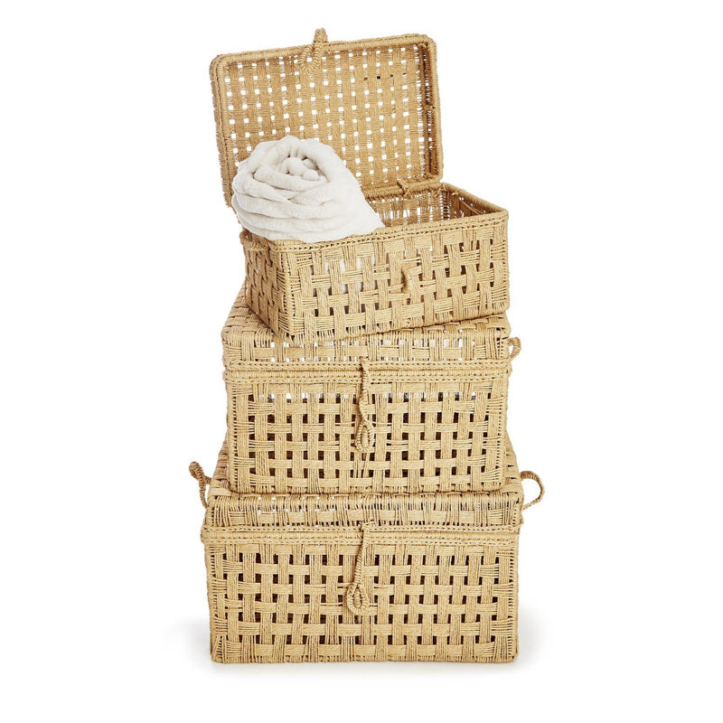 Set of 3 Handcrafted Jute Rope Storage Trunks 15" H Nested Rustic Organization Boxes