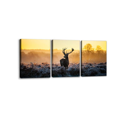 Canvas Print Wall Art 3 Pieces Set Deer In Golden Light At Dawn Nature Wilderness Photography Realism Rustic Scenic Relax/Calm Multicolor For Living Room Bedroom Office Decor - 12" X 16" X 3