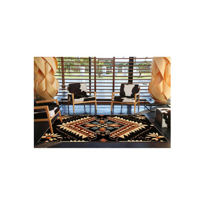 Black Themed Motif Ethnic Floral Patterned Vintage Decorative Carpet
