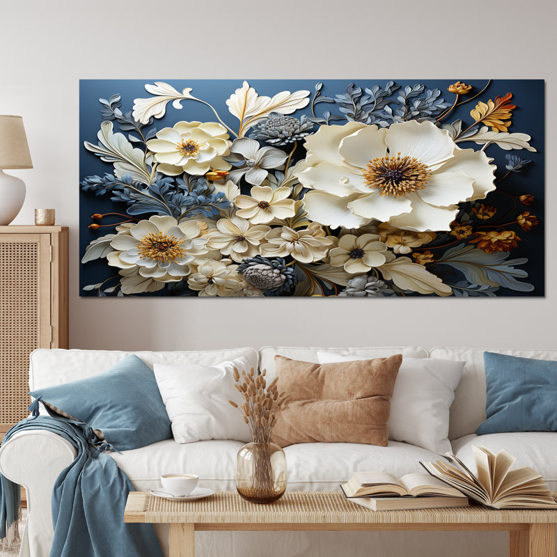 Tapisserie «Natures blanches et bleues» - Art mural fleurs sauvages, H 28 po x l 60 po x P 1,5 po, Toile tendue