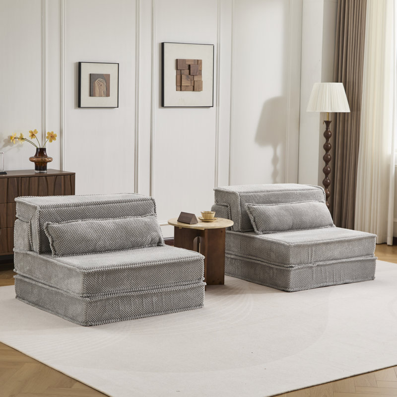 Compression Mahjong Sofa,Convertible Floor Sofa Bed,DIY Boneless Modular Sectional Sofa,No Assembly Required,Circle Fleece Fabric,Oversized 2 Seater With 2 Pillows,Light-Grey