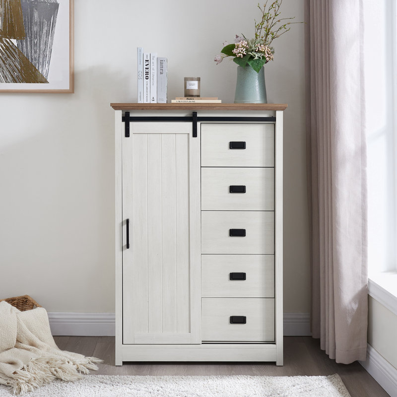 Farmhouse Accent Chest With Sliding Barn Door And 5 Drawers, White - Rustic Charm And Practical Storage, Oak/White