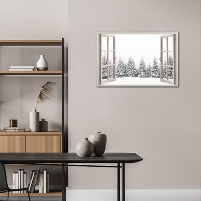 Fenêtre, hiver, toile, art mural, forêt, paysage enneigé, fausse fenêtre, hiver, toile encadrée pour salon, chambre à coucher, bureau, décoration murale, 18 po x 24 po