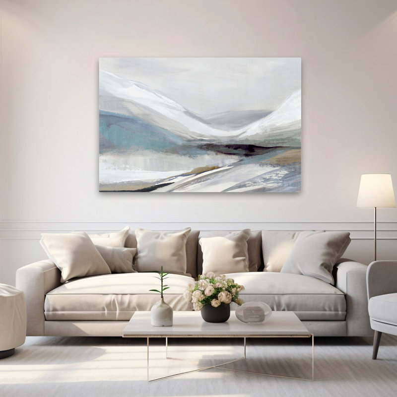 Montagnes en sourdine sous un ciel brumeux - Art abstrait de montagnes en acrylique, H 40 po x l 60 po