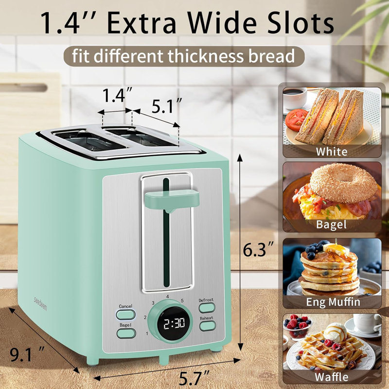 Toaster 2 Slice, Bread Toaster with LCD Display, 7 Shade Settings, 1.４'' Wide Slots 900W, Blue