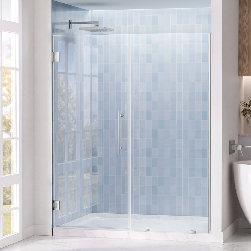 Fully Frameless Hinge Shower Door, SGCC Tempered Glass, Stainless Steel Accessories, 60" W, Brushed Nickel