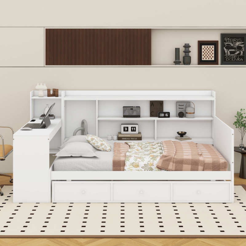 Lit de jour en bois avec tiroirs, ports USB et bureau, Lit simple, Blanc