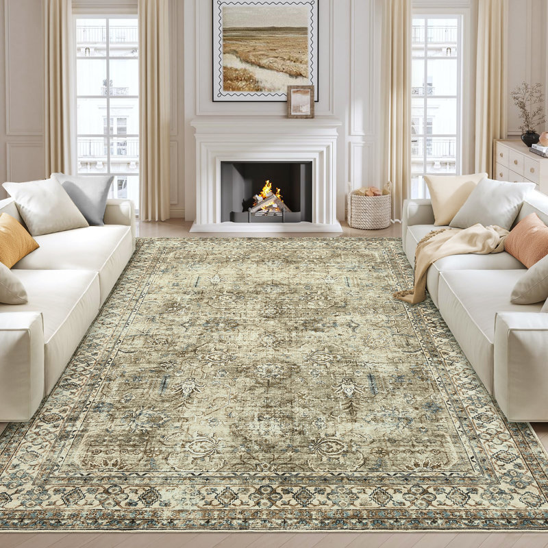 Vintage Rug for Living Room 9x12 Non Slip Washable Rugs Traditional Distressed Retro Carpet Retro Floral Mat for Nursery Bedroom Brown