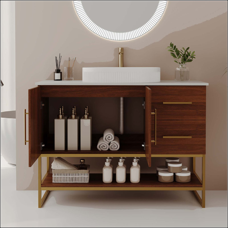 Meuble-lavabo moderne 36 po avec lavabo vasque en céramique, Ovale, Noyer