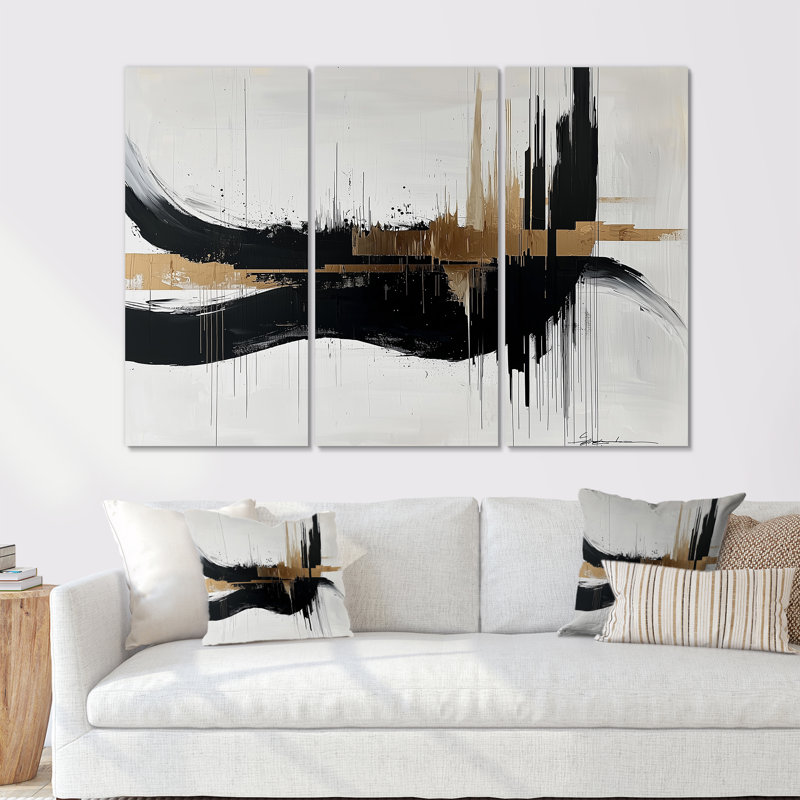Ensemble de salon noir et blanc à l'encre dorée Expression I - formes abstraites, Métal métal, H 32 po x l 48 po
