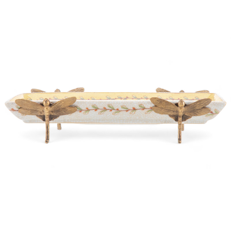 Assiette en porcelaine peinte à la main avec pieds en libellule bronze
