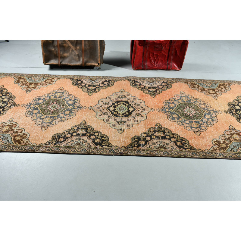 Tapis de couloir beige rétro fait à la main d'inspiration turque, parfait pour les escaliers et la cuisine avec un motif tribal