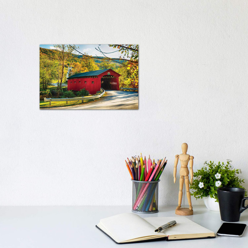 «Covered Bridge and a Curch» - reproduction, Toile tendue, H 18 po x l 26 po x P 1,5 po