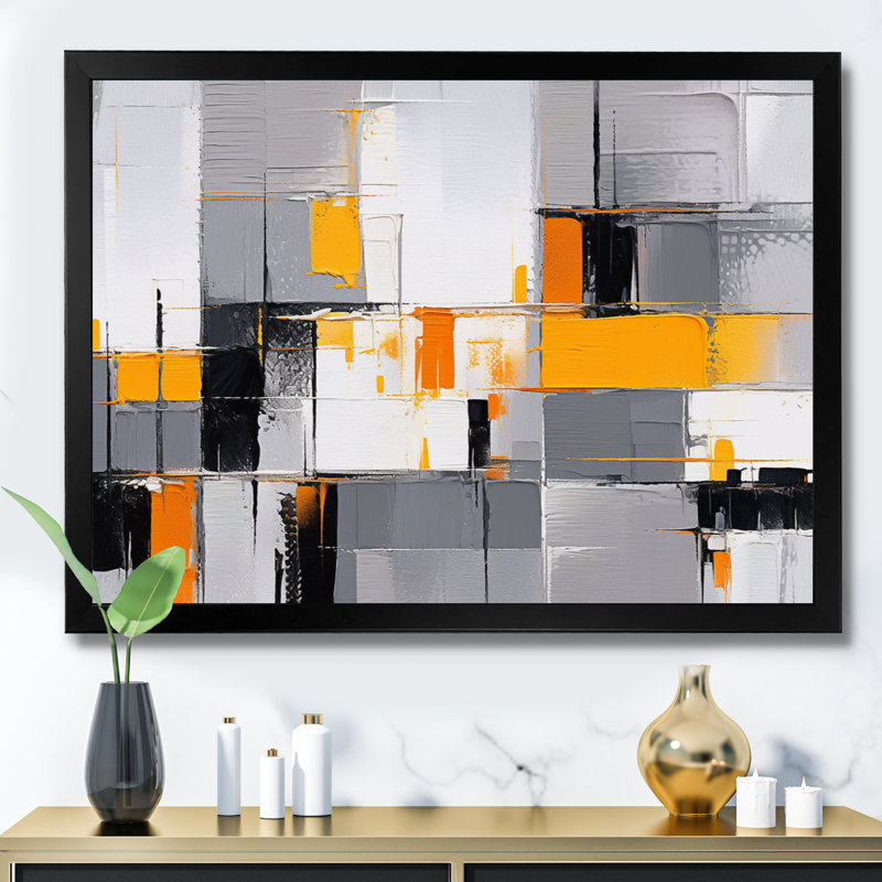 Rayures jaunes et grises sur toile, H 24 po x l 32 po x P 1 po, Cadre simple noir