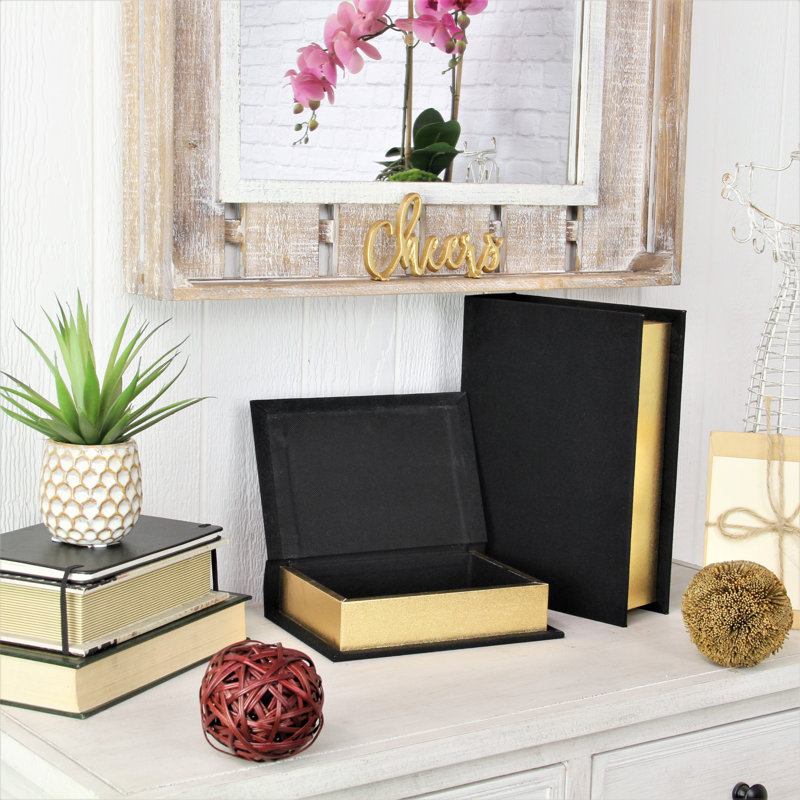 Black Fabric Lidded Book Box Set with Gold Accents