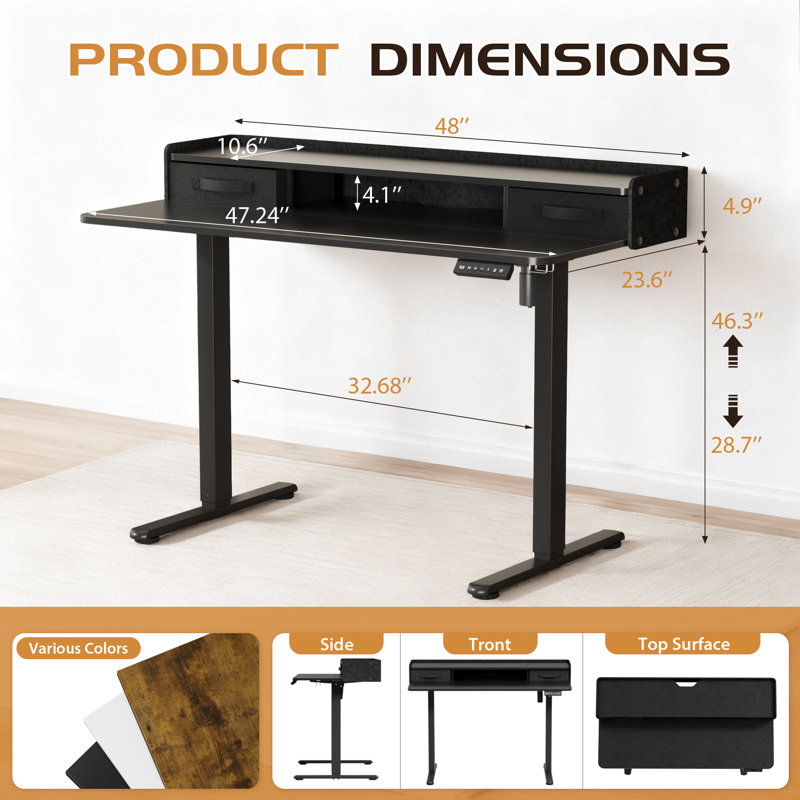 Electric Standing Desk with 2 Drawers, Adjustable Height Computer Desk, Black/Black, 47" W X 24" D