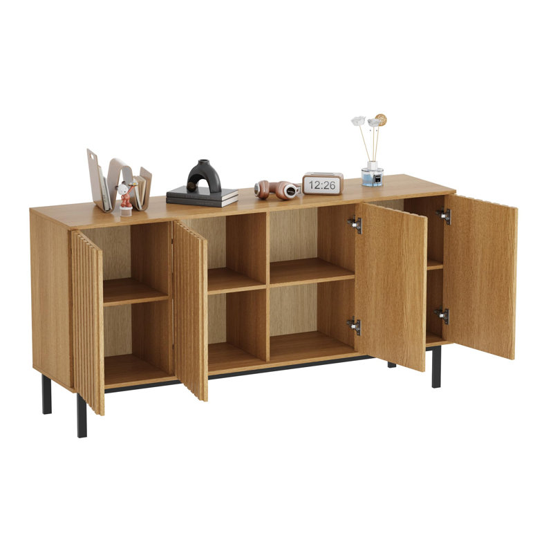 Buffet avec portes cannelées, armoire de rangement moderne en bois avec tablette réglable, bar à café autoportant pour la salle à manger et le salon
