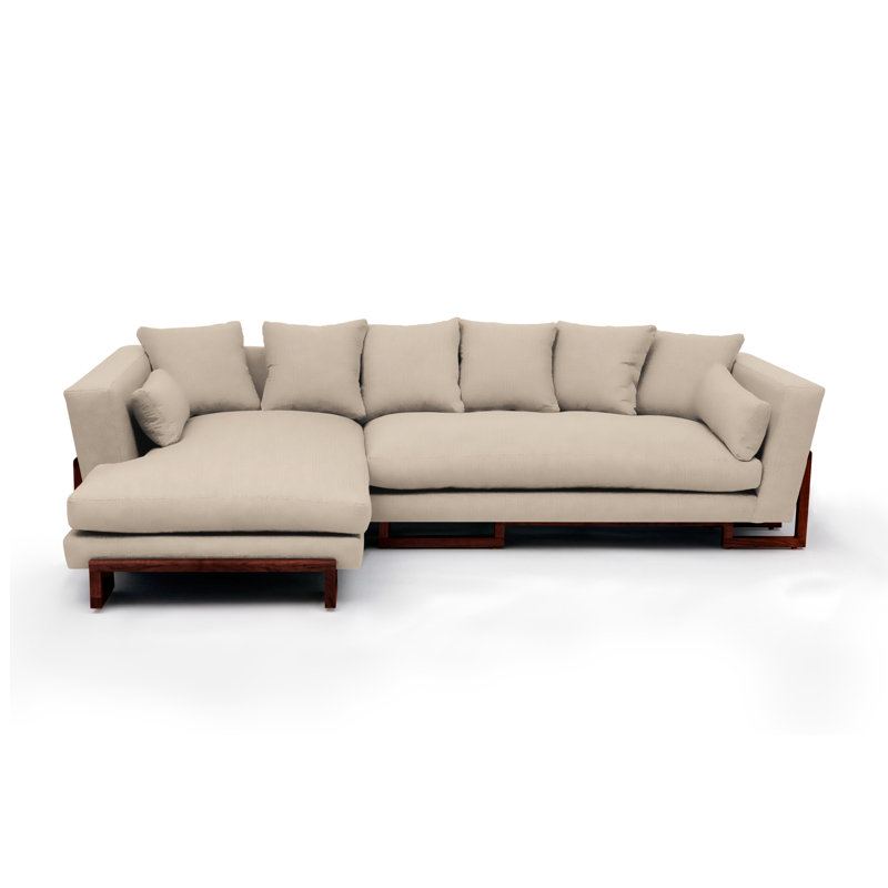 LRG Upholstered L-Shaped Sectional Left Hand Facing, Eggshell Velvet, Left Side Tray, Solid Walnut